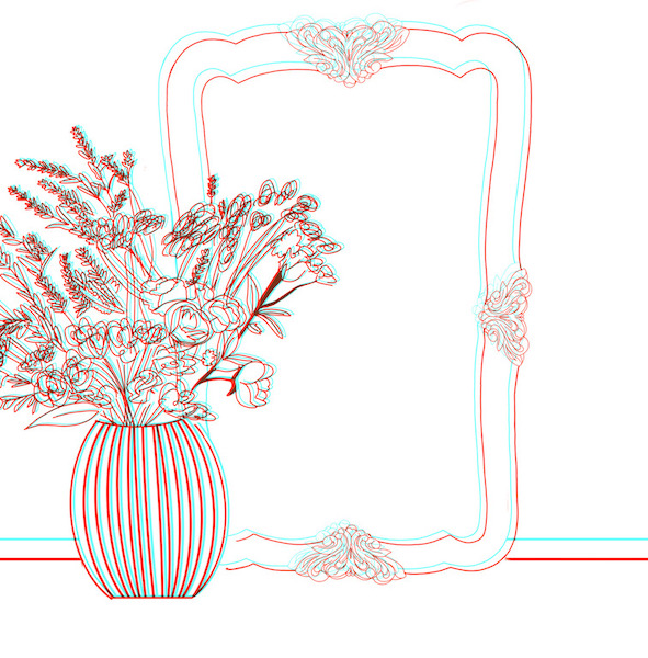 anaglyph drawing of vase and mirror
