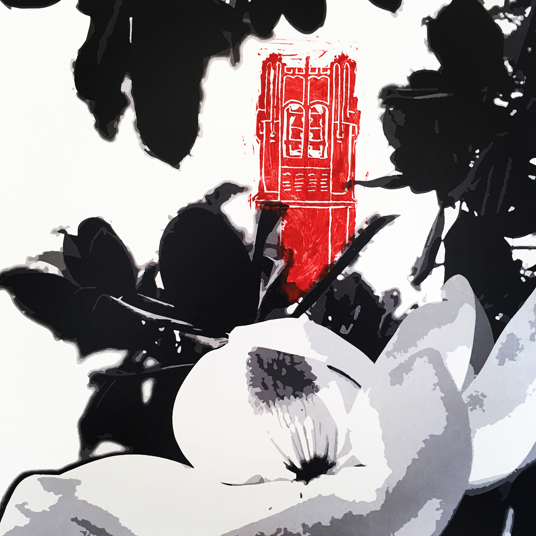 Mixed media black and white digital print of magnolia tree with red Century Tower