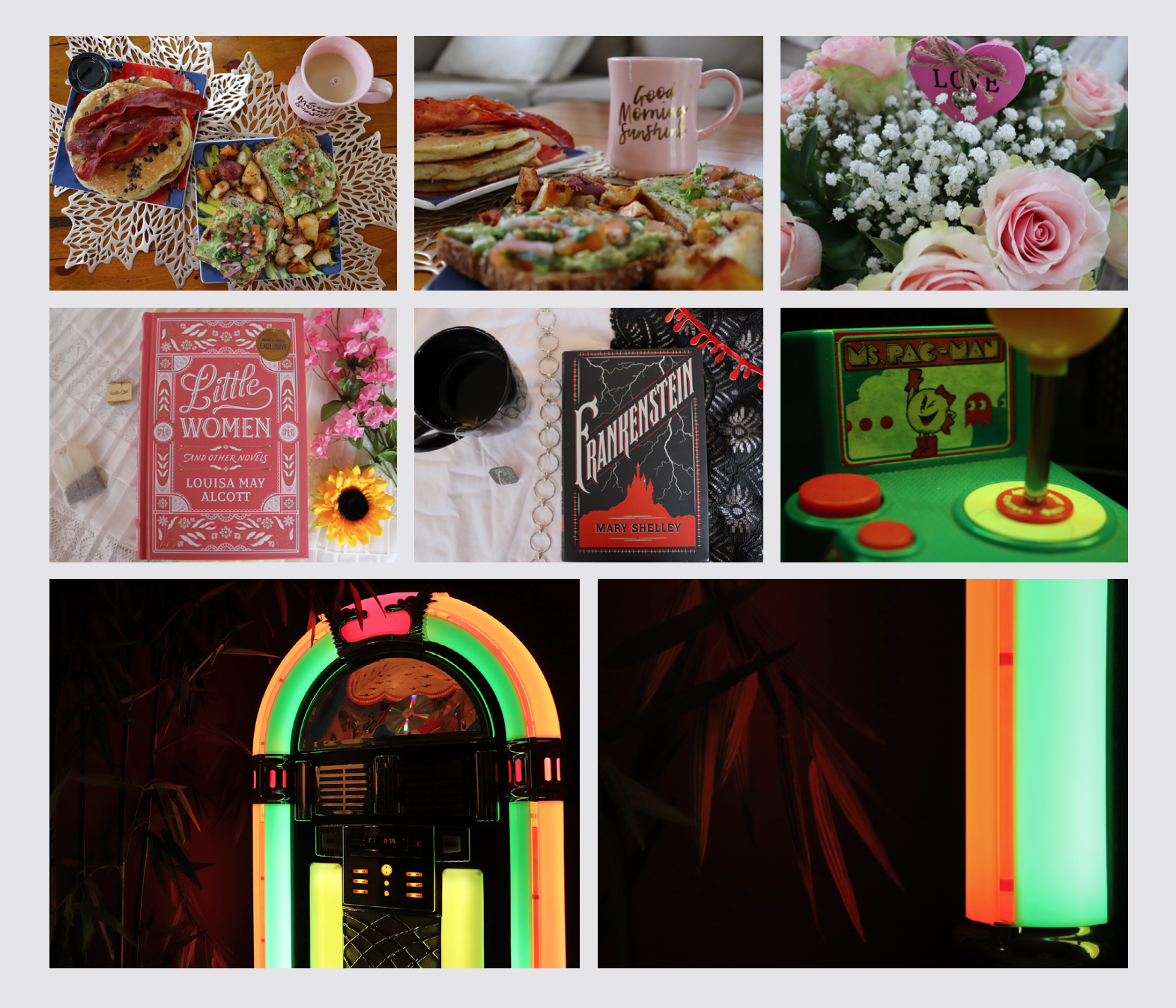 grid of photos of brunch, books, and arcade