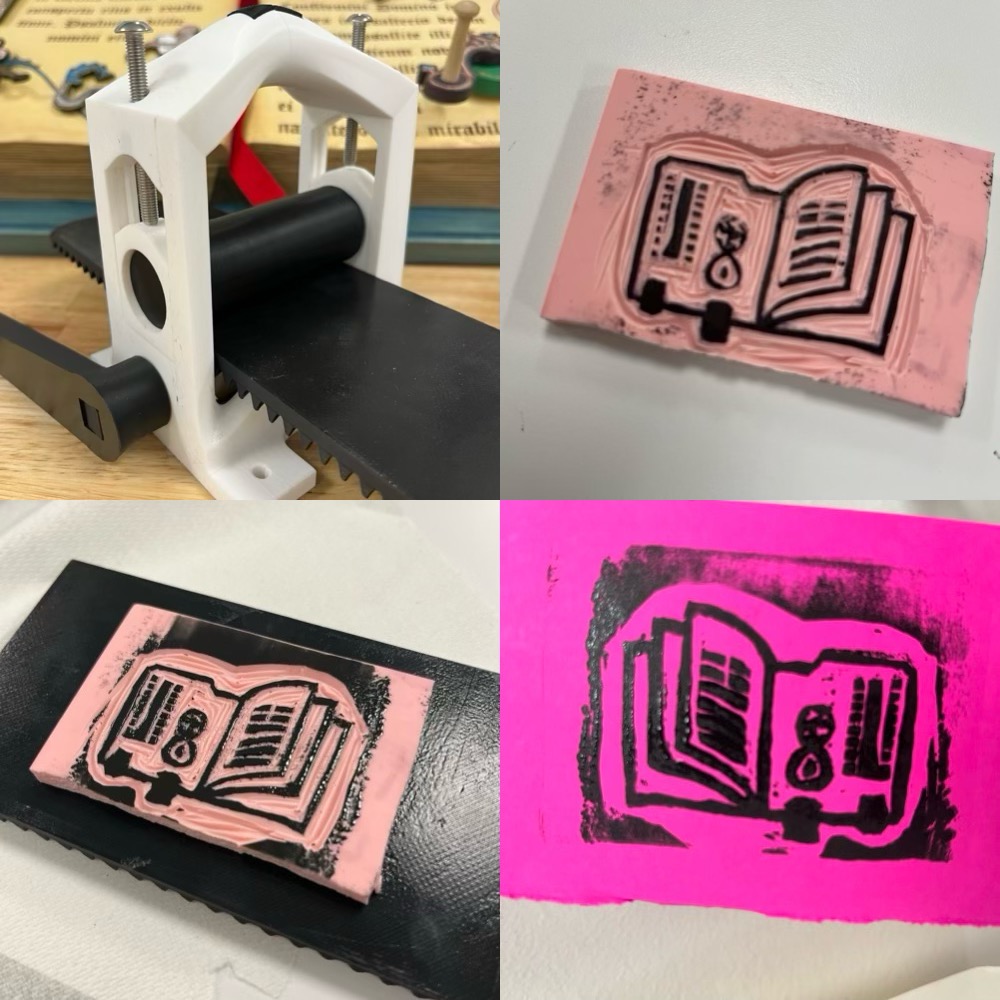 collage of photos of mini 3D printed printing press, speedy carve, speedy carve with ink, and inked print of half arduino half book