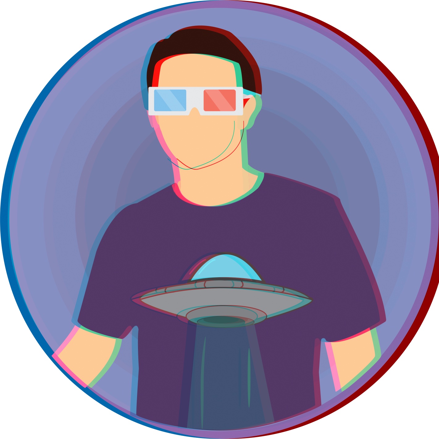 anaglyph portrait of person wearing 3D glasses and UFO shirt